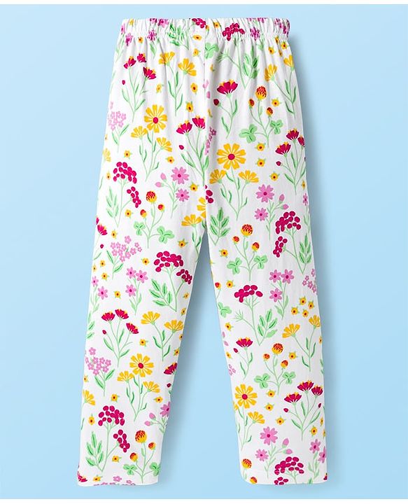 Babyhug Cotton Knit Full Sleeves Co-ords Night Suit With Floral Print - White