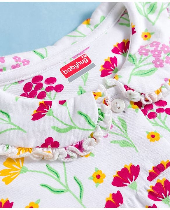 Babyhug Cotton Knit Full Sleeves Co-ords Night Suit With Floral Print - White