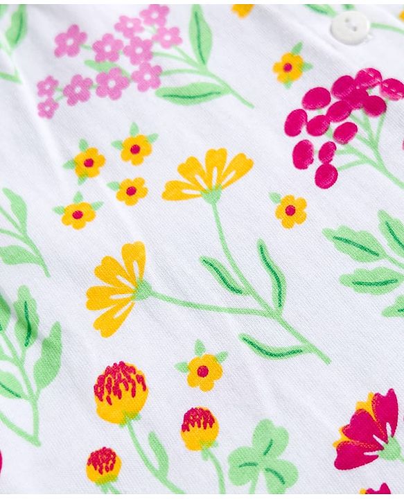 Babyhug Cotton Knit Full Sleeves Co-ords Night Suit With Floral Print - White