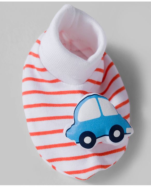 Babyhug 100% Cotton Interlock Knit Mittens & Booties Set With Vehicle Print - Red
