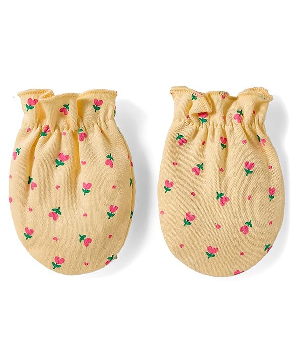 Babyhug 100% Cotton Knit Mittens & Booties Set with Floral Print - Yellow