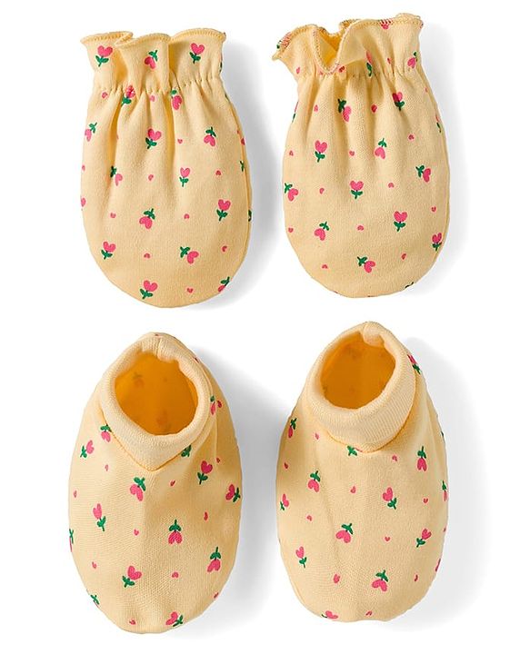 Babyhug 100% Cotton Knit Mittens & Booties Set with Floral Print - Yellow