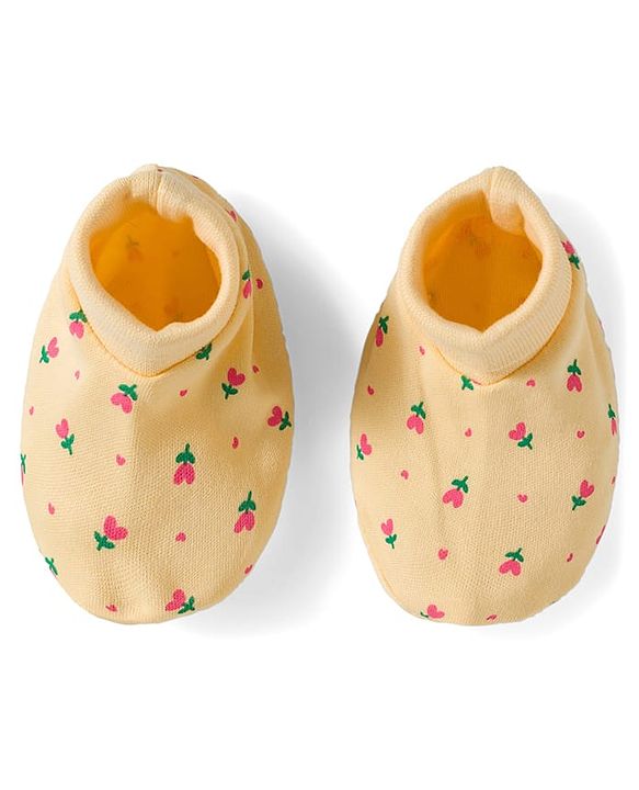 Babyhug 100% Cotton Knit Mittens & Booties Set with Floral Print - Yellow