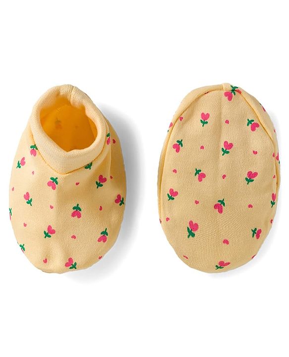 Babyhug 100% Cotton Knit Mittens & Booties Set with Floral Print - Yellow