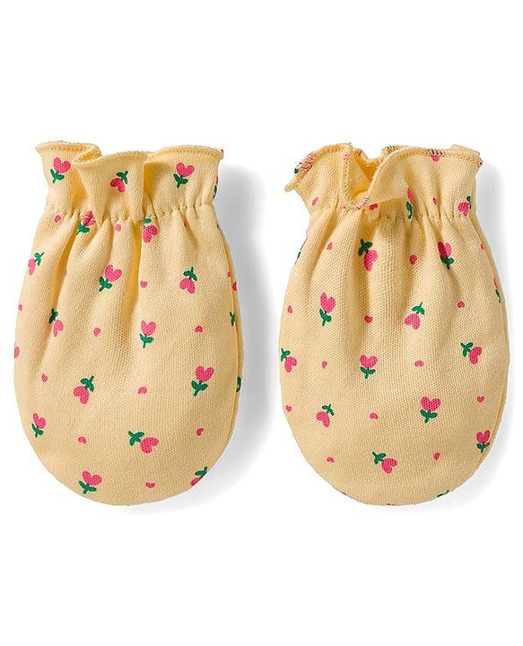 Babyhug 100% Cotton Knit Mittens & Booties Set with Floral Print - Yellow