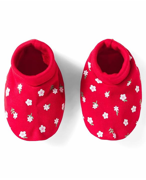 Babyhug 100% Cotton Knit Mittens & Booties With Floral Print - Red