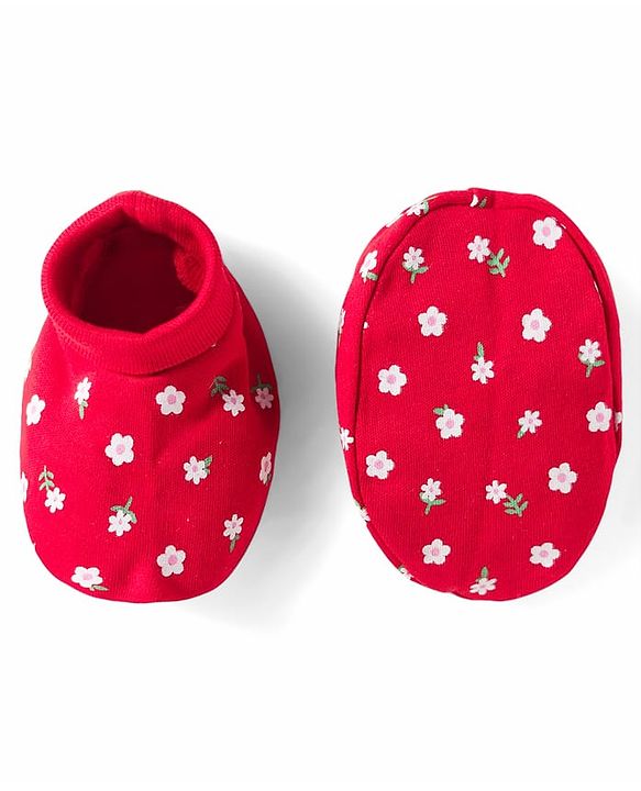 Babyhug 100% Cotton Knit Mittens & Booties With Floral Print - Red