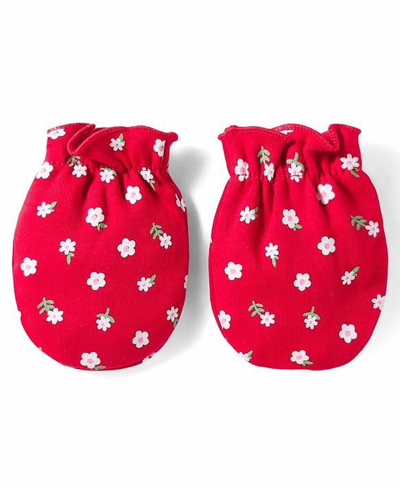 Babyhug 100% Cotton Knit Mittens & Booties With Floral Print - Red