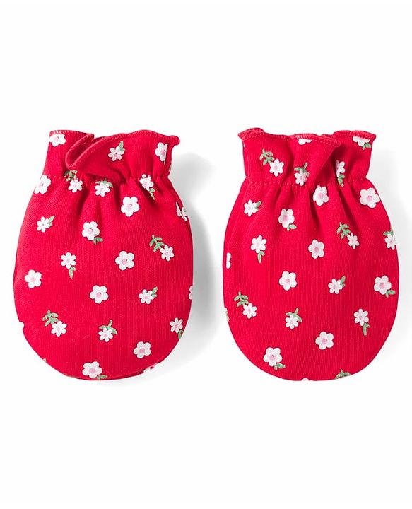 Babyhug 100% Cotton Knit Mittens & Booties With Floral Print - Red