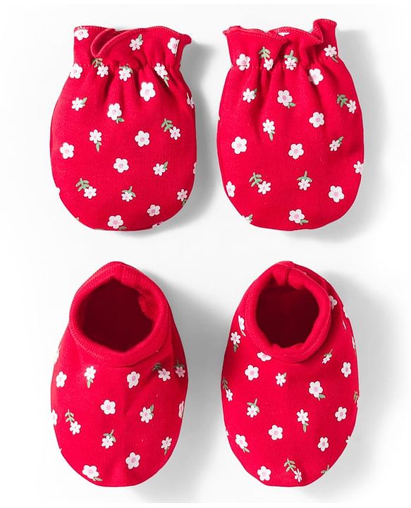 Babyhug 100% Cotton Knit Mittens & Booties With Floral Print - Red