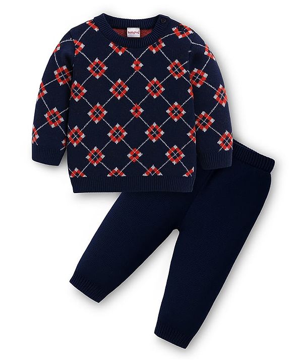 Babyhug Knit Full Sleeves Pullover Sweater Set - Navy Blue