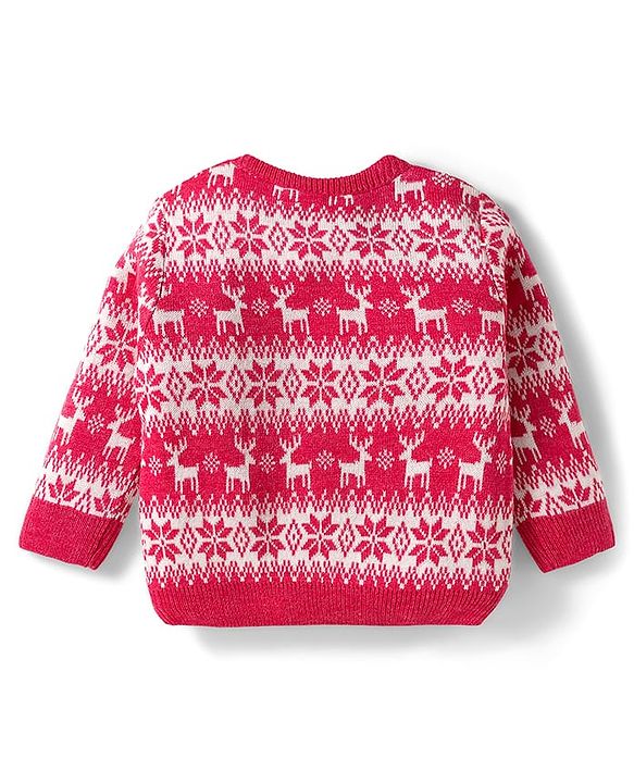 Babyhug Knit Full Sleeves Christmas Theme Printed Sweater Set - Dark Pink
