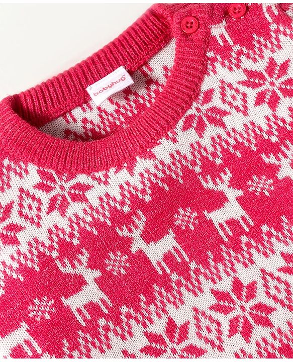 Babyhug Knit Full Sleeves Christmas Theme Printed Sweater Set - Dark Pink