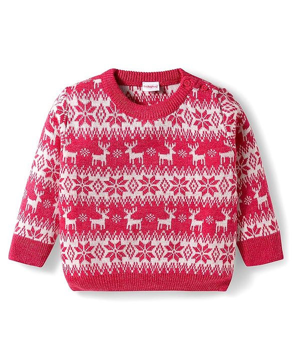 Babyhug Knit Full Sleeves Christmas Theme Printed Sweater Set - Dark Pink