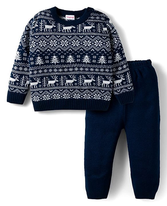 Babyhug Knit Full Sleeves Pullover Sweater Set with Aztec Design - Navy Blue