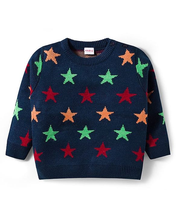 Babyhug Knit Full Sleeves Sweater & Pant Set With Star Design - Navy Blue