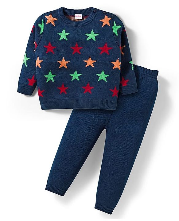 Babyhug Knit Full Sleeves Sweater & Pant Set With Star Design - Navy Blue