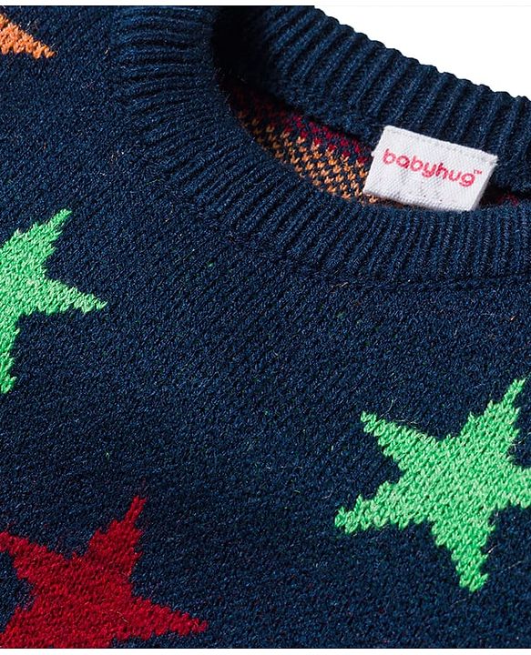 Babyhug Knit Full Sleeves Sweater & Pant Set With Star Design - Navy Blue
