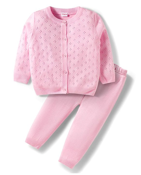 Babyhug Cotton Knit Full Sleeves Front Open Sweater Set - Pink