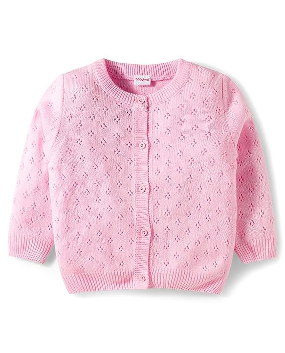 Babyhug Cotton Knit Full Sleeves Front Open Sweater Set - Pink