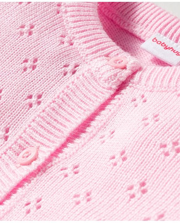 Babyhug Cotton Knit Full Sleeves Front Open Sweater Set - Pink