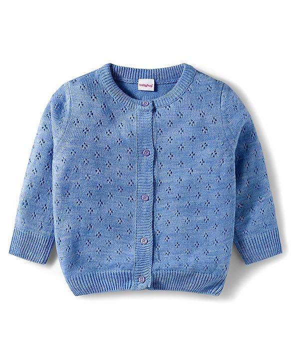 Babyhug Cotton Knit Full Sleeves Front Open Sweater Set - Blue