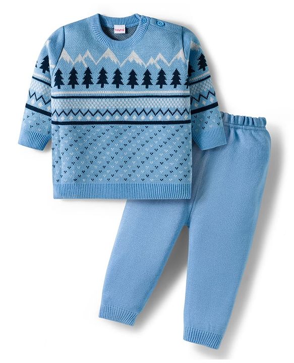 Babyhug Knit Full Sleeves Pullover Sweater Set With Tree Design - Navy Blue