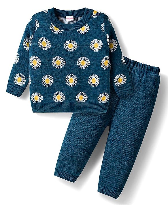 Babyhug Knit Full Sleeves Sweater Set with Floral Design -  Teal Blue