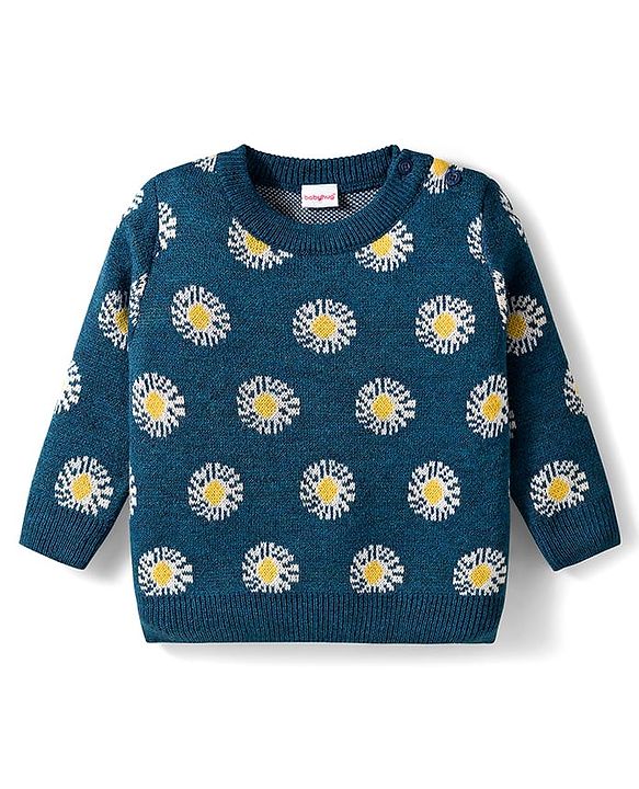 Babyhug Knit Full Sleeves Sweater Set with Floral Design -  Teal Blue