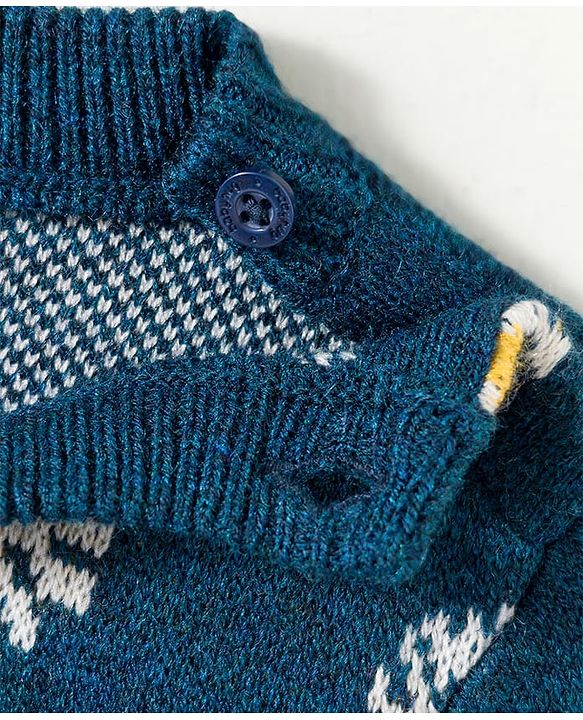 Babyhug Knit Full Sleeves Sweater Set with Floral Design -  Teal Blue
