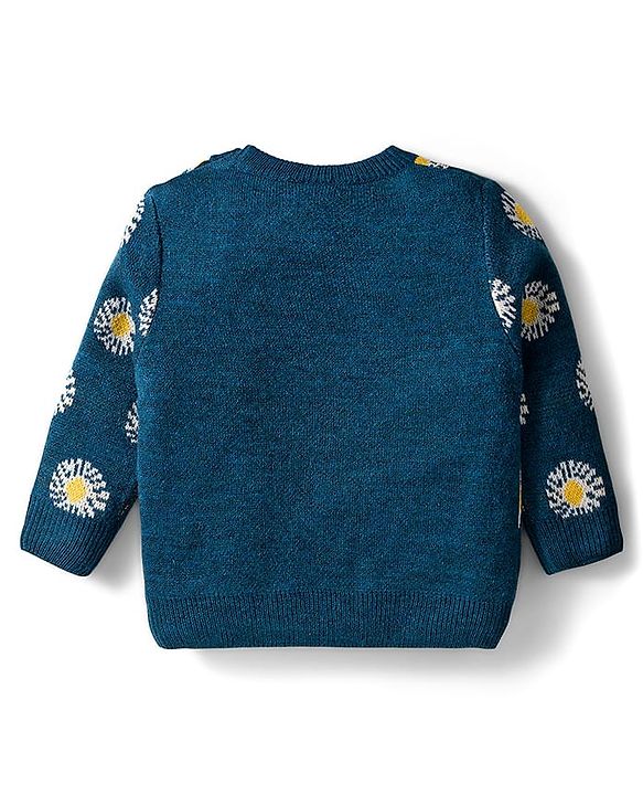 Babyhug Knit Full Sleeves Sweater Set with Floral Design -  Teal Blue