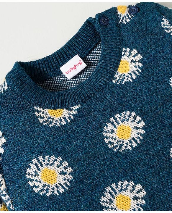 Babyhug Knit Full Sleeves Sweater Set with Floral Design -  Teal Blue