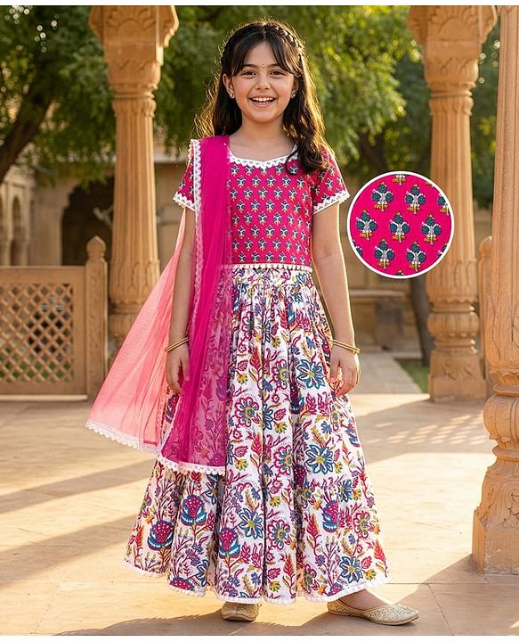 Pine Kids Woven Half Sleeves Floral Printed Choli Lehenga Set with Dupatta & Lace Detailing - Pink