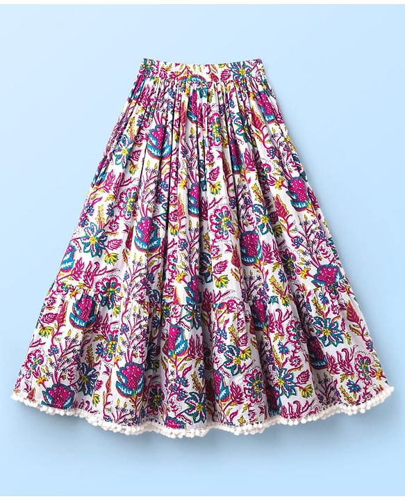Pine Kids Woven Half Sleeves Floral Printed Choli Lehenga Set with Dupatta & Lace Detailing - Pink