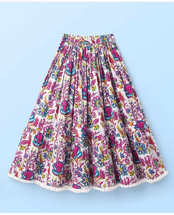 Pine Kids Woven Half Sleeves Floral Printed Choli Lehenga Set with Dupatta & Lace Detailing - Pink