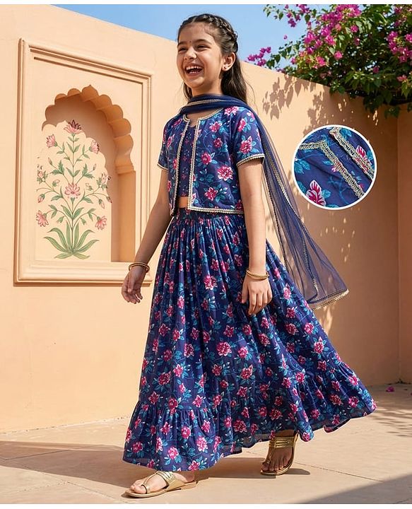 Pine Kids Woven Half Sleeves Floral Printed Choli Lehenga & Dupatta Set - Blue