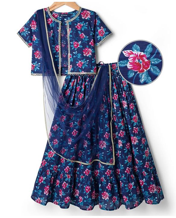 Pine Kids Woven Half Sleeves Floral Printed Choli Lehenga & Dupatta Set - Blue