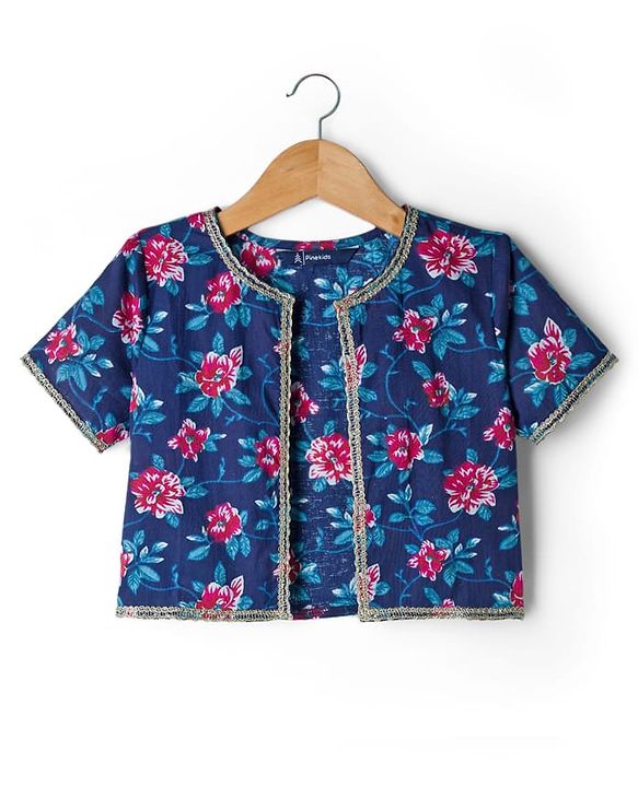 Pine Kids Woven Half Sleeves Floral Printed Choli Lehenga & Dupatta Set - Blue