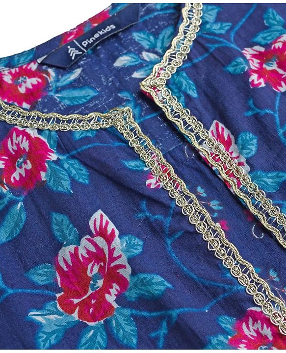 Pine Kids Woven Half Sleeves Floral Printed Choli Lehenga & Dupatta Set - Blue