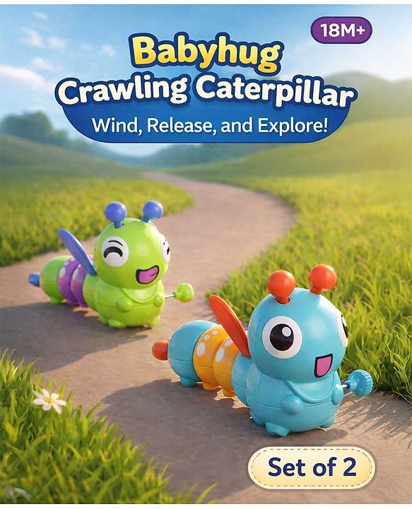 Babyhug Dancing Colorful|Crawling Caterpillar Toy|Wind-Up Mechanism & Gear Movement|Fun Early Learning Activity for Toddlers|BIS|No Batteries Needed|Safe&Engaging|Pack of 2 pcs-(Blue/Green)