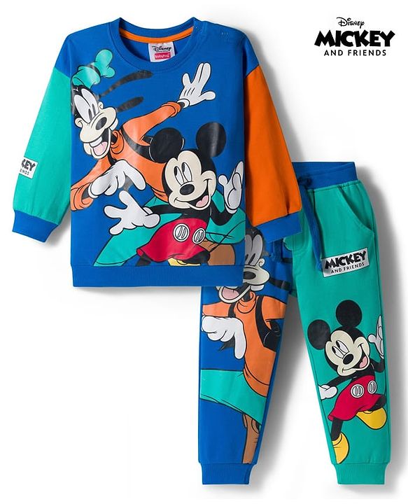 Babyhug Disney Terry Knit Full Sleeves Co-ords Sweatshirt & Lounge Pant Set with Mickey & Friends Graphic - Multicolor
