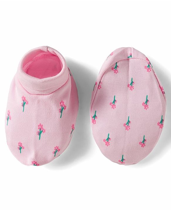 Babyhug 100% Cotton Mittens & Booties With Floral Print - Pink