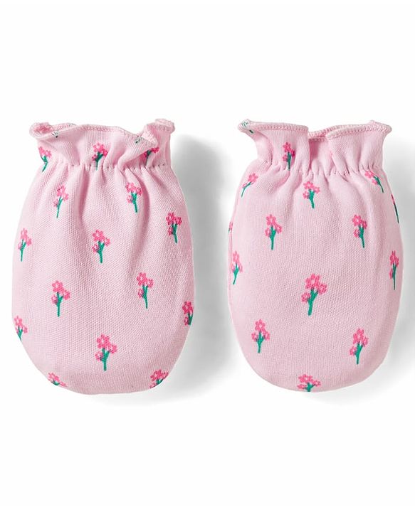 Babyhug 100% Cotton Mittens & Booties With Floral Print - Pink