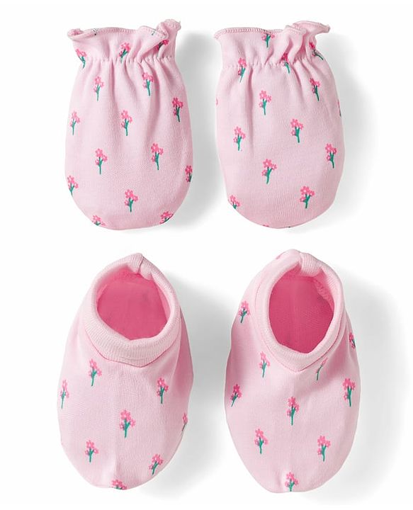 Babyhug 100% Cotton Mittens & Booties With Floral Print - Pink