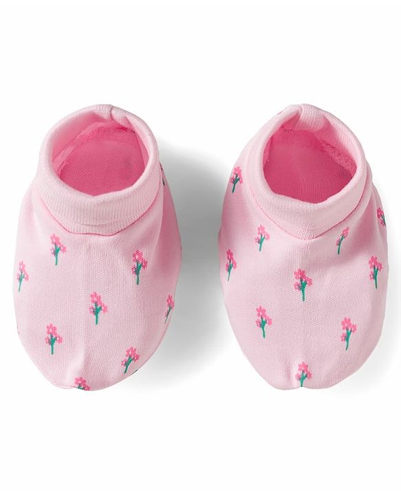 Babyhug 100% Cotton Mittens & Booties With Floral Print - Pink