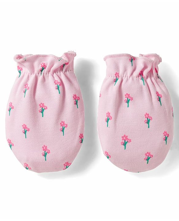 Babyhug 100% Cotton Mittens & Booties With Floral Print - Pink