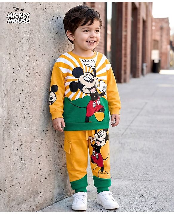 Babyhug Disney Terry Knit Full Sleeves Sweatshirt and Track Pant with Mickey Mouse Graphic - Yellow