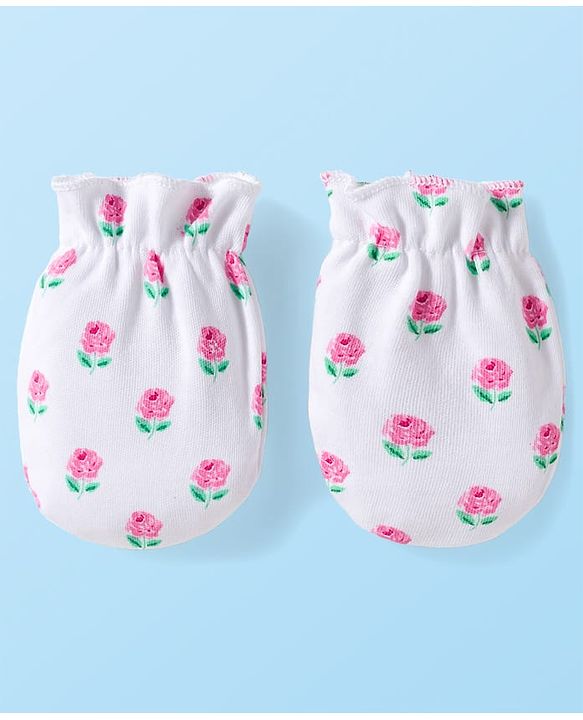 Babyhug 100% Cotton Knit Mittens & Booties Set with Floral Print - White