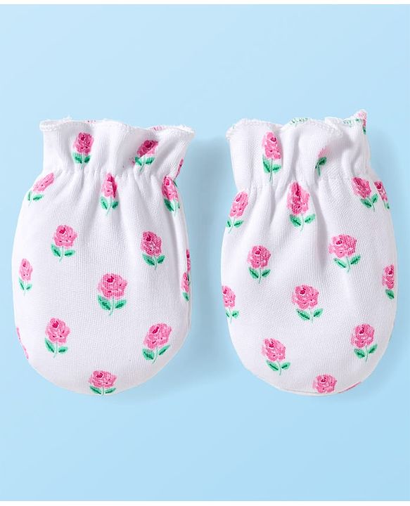 Babyhug 100% Cotton Knit Mittens & Booties Set with Floral Print - White