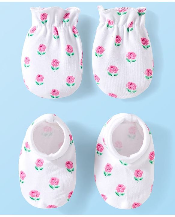 Babyhug 100% Cotton Knit Mittens & Booties Set with Floral Print - White